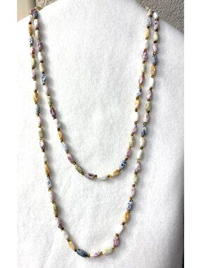 Vintage Long Beaded Necklace Multicolor and Gold 52" Long
